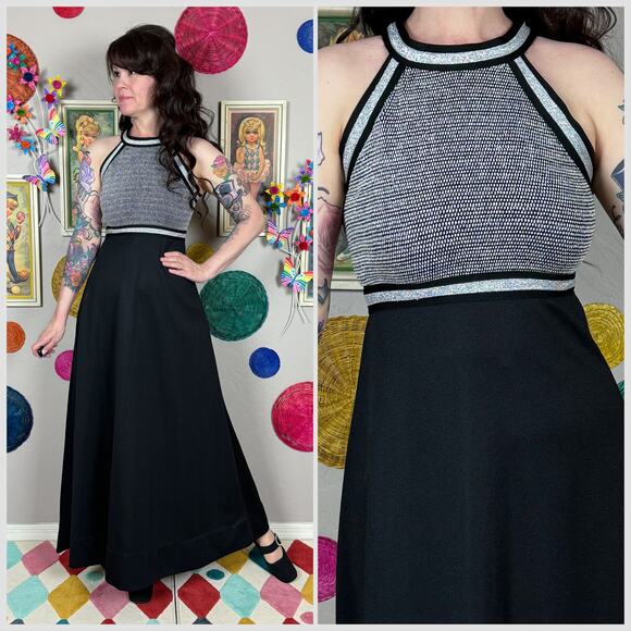 Vintage Dresses & Skirts - Vintage 1970s Black and Silver Halter Maxi Dress